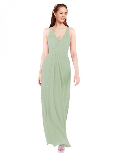 Sleeveless V-Neck Soft Chiffon Smoke Green Sheath Long Bridesmaid Dress Leicester