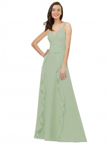 Sleeveless V-Neck Soft Chiffon Smoke Green Long Bridesmaid Dress Leicester