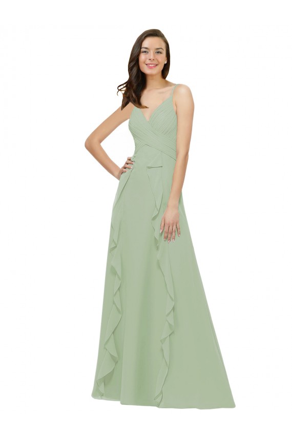 Sleeveless V-Neck Soft Chiffon Smoke Green Long Bridesmaid Dress Leicester