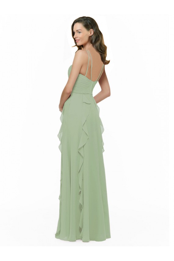 Sleeveless V-Neck Soft Chiffon Smoke Green Long Bridesmaid Dress Leicester