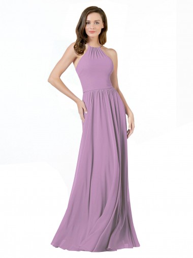 Sleeveless Halter Neck Soft Chiffon Dark Lavender Long Bridesmaid Dress Leicester