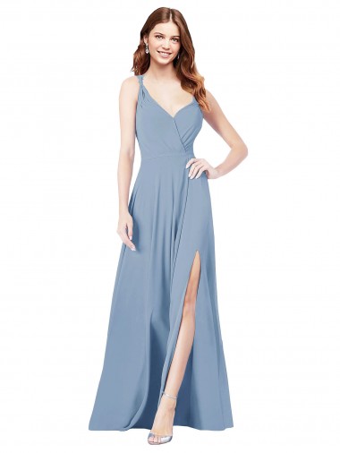Sleeveless V-Neck Soft Chiffon Dusty Blue Long Formal Dress / Bridesmaid Dress Leicester