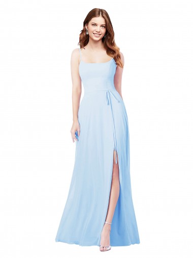 Sleeveless Square Neck Soft Chiffon Light Sky Blue Sheath Long Bridesmaid Dress Leicester