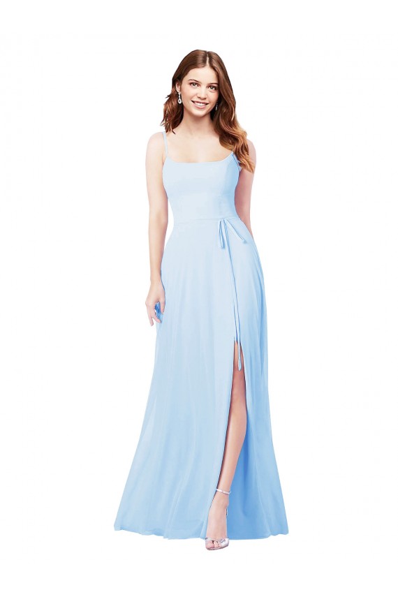 Sleeveless Square Neck Soft Chiffon Light Sky Blue Sheath Long Bridesmaid Dress Leicester