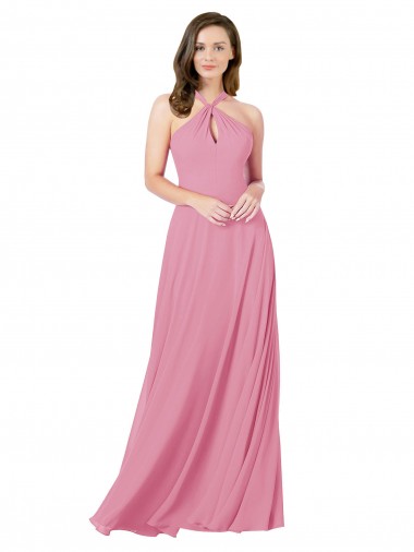 Sleeveless Halter Neck Soft Chiffon Skin Pink Long Prom Dress / Bridesmaid Dress Leicester