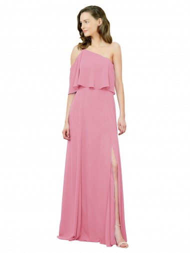Sleeveless One Shoulder Soft Chiffon Skin Pink Long Bridal Party Dress Leicester