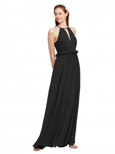 Sleeveless Halter Neck Soft Chiffon Black Long Bridesmaid Dress Leicester