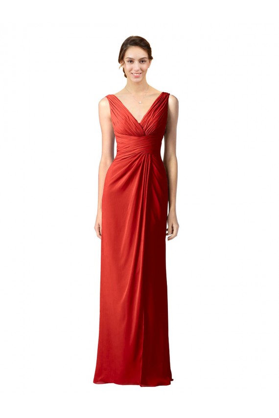 Sleeveless V-Neck Soft Chiffon Red Long Bridesmaid Dress Leicester
