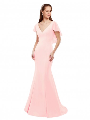 Flutter Sleeves V-Neck Soft Chiffon Pink Long Bridesmaid Dress Leicester