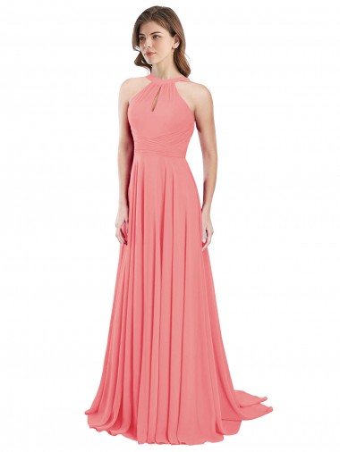 Sleeveless Halter Neck Chiffon Watermelon Long Bridesmaid Dress / Evening Dress Leicester