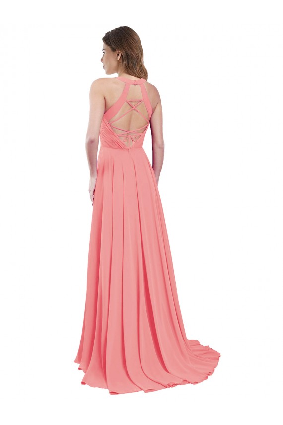 Sleeveless Halter Neck Chiffon Watermelon Long Bridesmaid Dress / Evening Dress Leicester