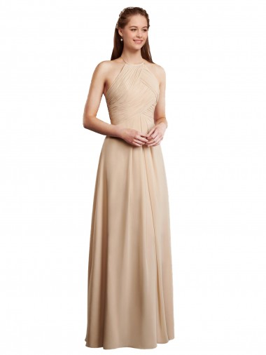 Sleeveless Halter Neck Soft Chiffon Champagne Long Bridesmaid Dress Leicester