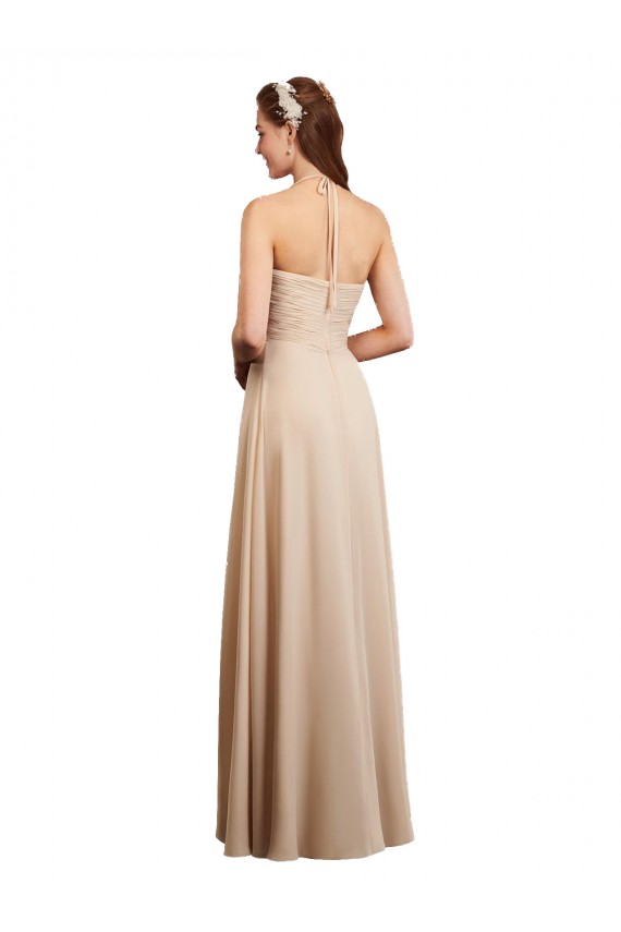 Sleeveless Halter Neck Soft Chiffon Champagne Long Bridesmaid Dress Leicester