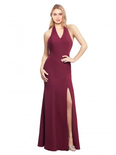 Sleeveless Halter Neck Soft Chiffon Burgundy Mermaid Long Bridesmaid Dress Leicester