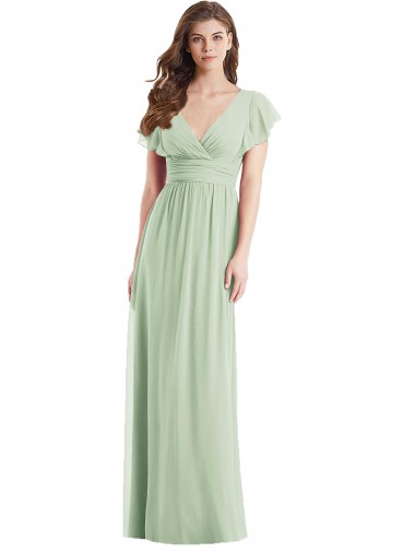 Flutter Sleeves V-Neck Soft Chiffon Sage Long Bridesmaid Dress Leicester