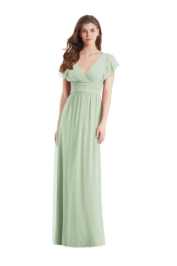 Flutter Sleeves V-Neck Soft Chiffon Sage Long Bridesmaid Dress Leicester