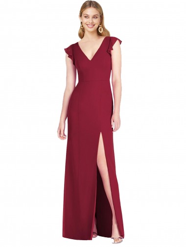 Ruffle Sleeves V-Neck Soft Chiffon Burgundy Long Bridesmaid Dress Leicester