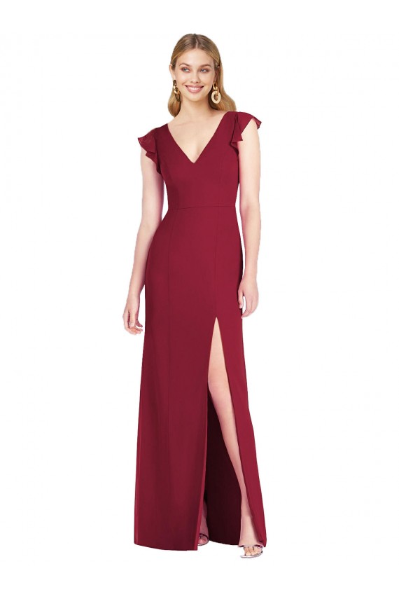 Ruffle Sleeves V-Neck Soft Chiffon Burgundy Long Bridesmaid Dress Leicester
