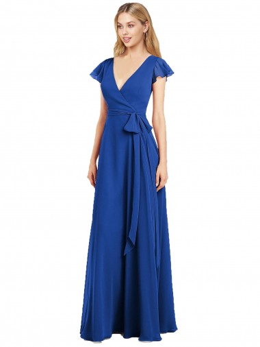 Flutter Sleeves V-Neck Lxue Chiffon Royal Blue Long Bridesmaid Dress Leicester