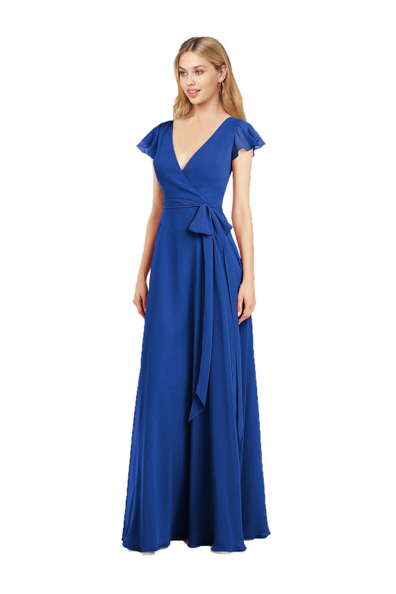 Flutter Sleeves V-Neck Lxue Chiffon Royal Blue Long Bridesmaid Dress Leicester