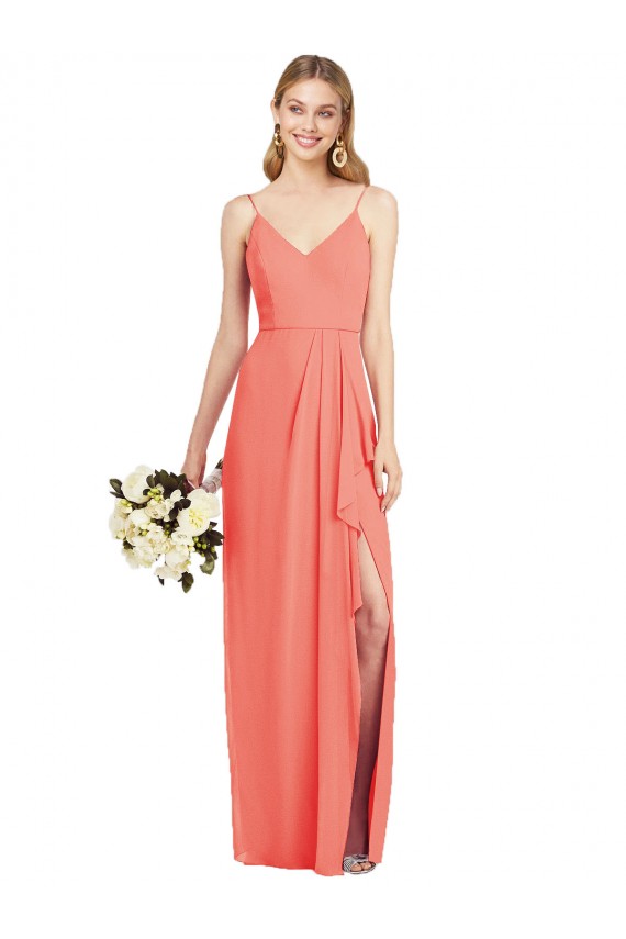 Sleeveless V-Neck Soft Chiffon Coral Long Formal Dress / Bridesmaid Dress Leicester