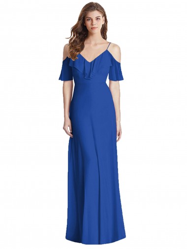 Cold Shoulder V-Neck Soft Chiffon Royal Blue Long Semi Formal Evening Dress / Bridesmaid Dress Leicester