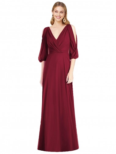 Bell Sleeves V-Neck Soft Chiffon Burgundy Long Formal Dress / Bridesmaid Dress Leicester