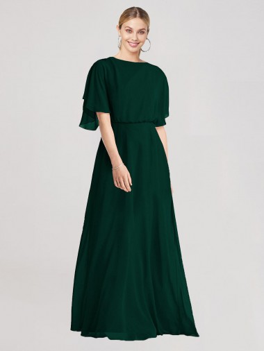 Flutter Sleeves Round Neck Soft Chiffon Ever Green Long Bridesmaid Dress Leicester