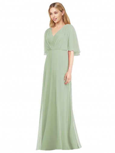 Flutter Sleeves V-Neck Soft Chiffon Smoke Green Long Bridesmaid Dress Leicester
