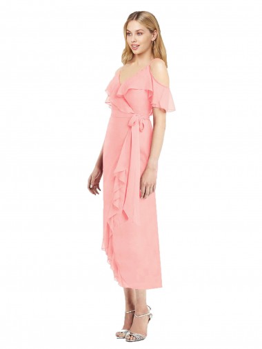 Cold Shoulder V-Neck Soft Chiffon Salmon Cocktail Length High Low Bridesmaid Dress Leicester