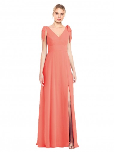 Sleeveless V-Neck Soft Chiffon Coral Trumpet Long Bridesmaid Dress Leicester