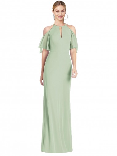 Cold Shoulder Halter Neck Soft Chiffon Sage Long Semi Formal Evening Dress / Bridesmaid Dress Leicester