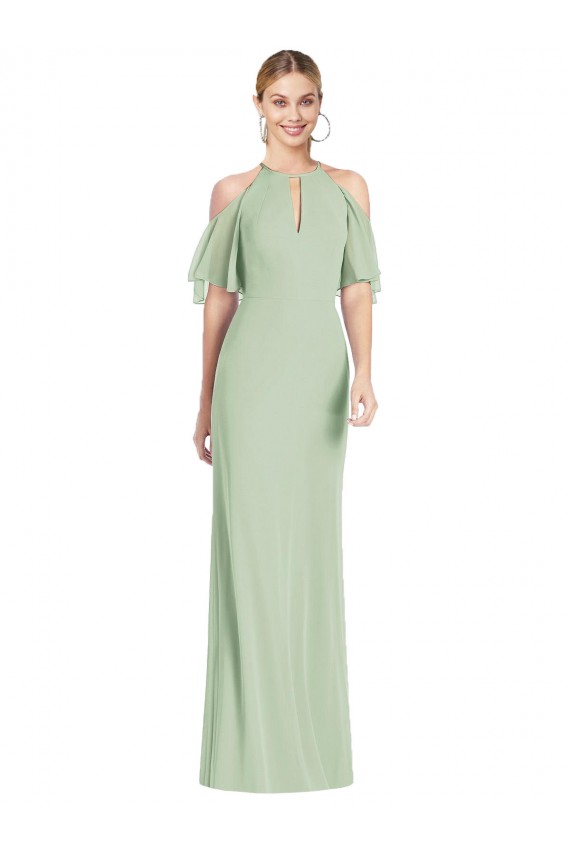 Cold Shoulder Halter Neck Soft Chiffon Sage Long Semi Formal Evening Dress / Bridesmaid Dress Leicester
