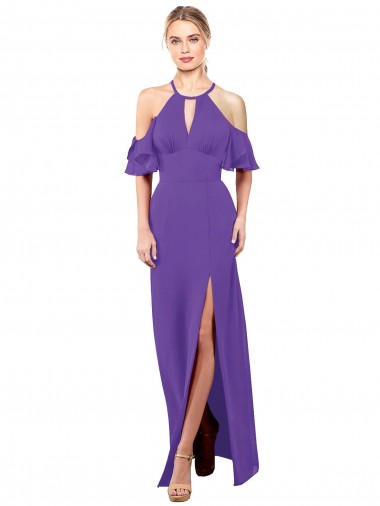 Ruffle Sleeves Halter Neck Soft Chiffon Purple Long Bridesmaid Dress Leicester
