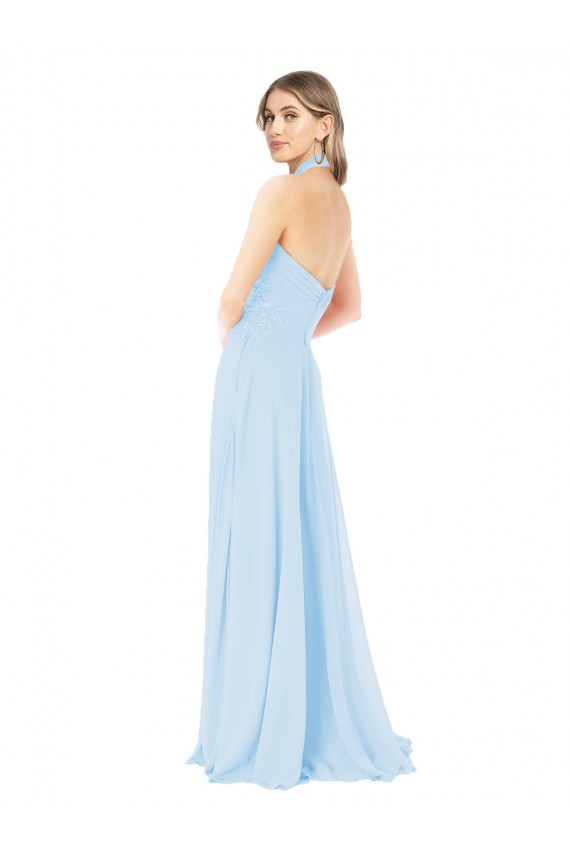 Sleeveless High Neck Chiffon Light Sky Blue Long Bridesmaid Dress / Evening Gowns Leicester