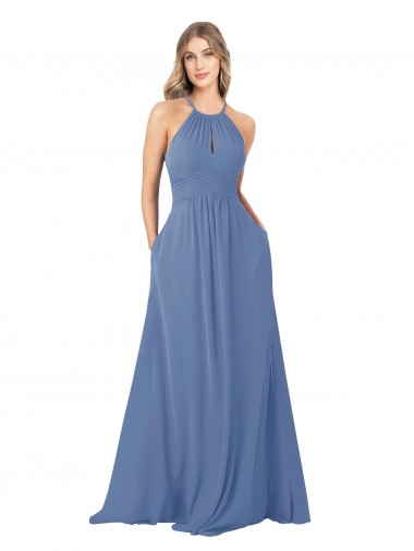 Sleeveless High Neck Soft Chiffon Windsor Blue Long Bridesmaid Dress Leicester