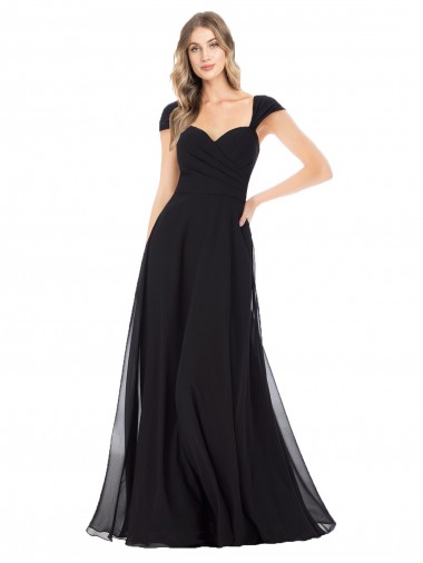 Cap Sleeves Sweetheart Soft Chiffon Black Long Bridesmaid Dress Leicester