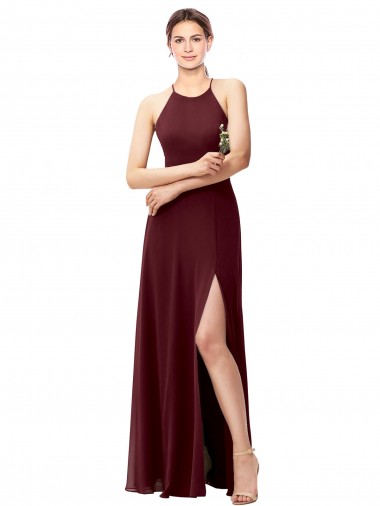 Sleeveless High Neck Soft Chiffon Burgundy Gold Long Bridesmaid Dress Leicester