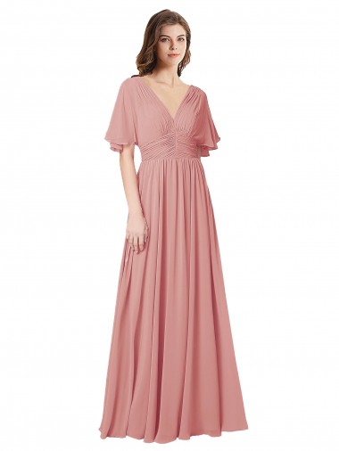 Flutter Sleeves V-Neck Soft Chiffon Bliss Pink Long Bridesmaid Dress Leicester