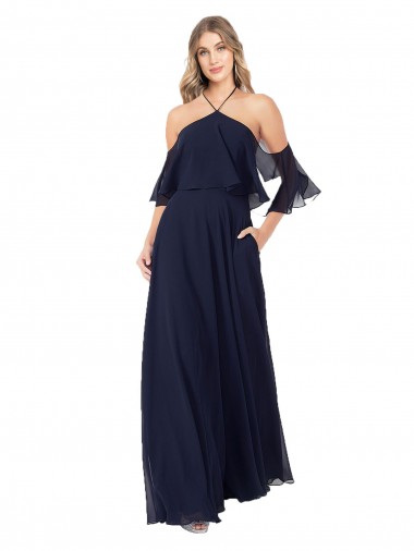 Flutter Sleeves High Neck Soft Chiffon Dark Navy Long Formal Dress / Bridesmaid Dress Leicester