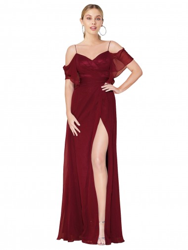 Cold Shoulder High Neck Soft Chiffon Burgundy Long Formal Evening Gown / Prom Dress / Bridesmaid Dress Leicester