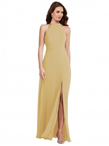 Sleeveless Halter Neck Soft Chiffon Gold Long Semi Formal Evening Dress / Bridesmaid Dress Leicester