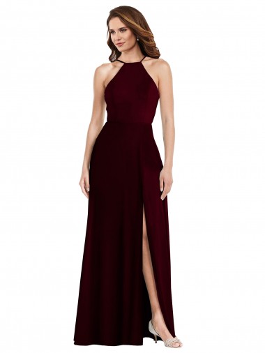 Sleeveless Halter Neck Soft Chiffon Burgundy Gold Long Semi Formal Evening Dress / Bridesmaid Dress Leicester