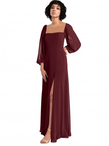 Long Sleeves Square Neck Chiffon Burgundy Gold Long Bridesmaid Dress / Evening Dress Leicester