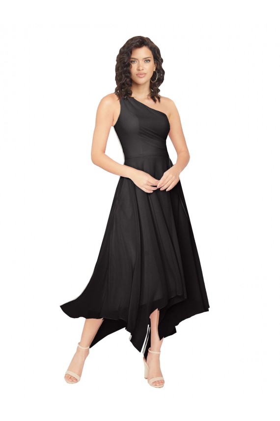 Sleeveless Strapless Soft Chiffon Black Midi Length High Low Bridesmaid Dress Leicester