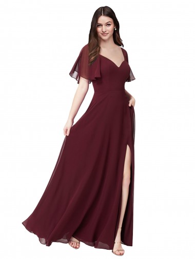 Short Flutter Sleeves Sweetheart Soft Chiffon Burgundy Gold Long Formal Dress / Bridesmaid Dress Leicester