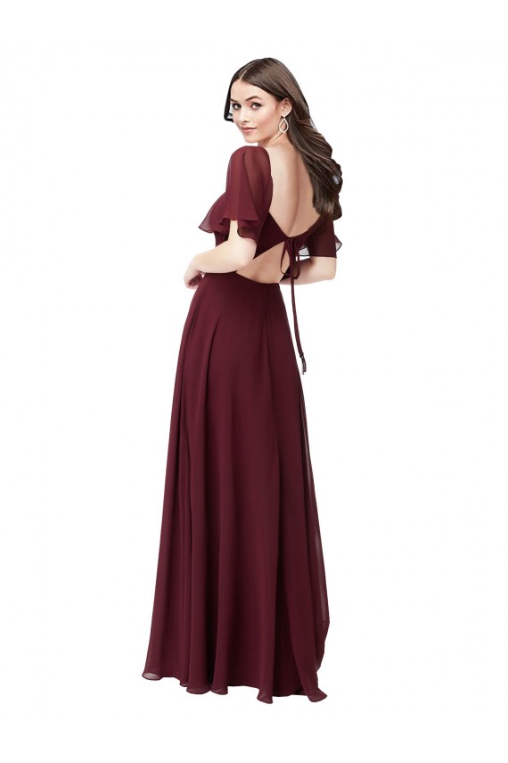 Short Flutter Sleeves Sweetheart Soft Chiffon Burgundy Gold Long Formal Dress / Bridesmaid Dress Leicester
