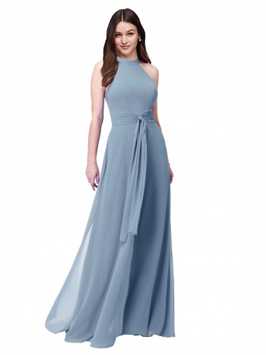 Sleeveless High Neck Chiffon Dusty Blue Long Bridesmaid Formal Dress Leicester