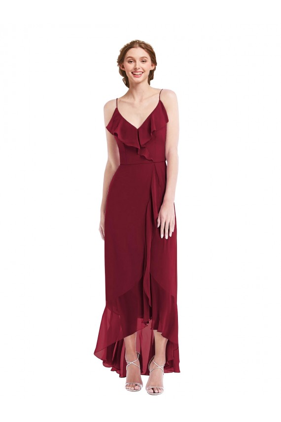 Sleeveless V-Neck Soft Chiffon Burgundy Long High Low Evening Gown / Bridesmaid Dress Leicester