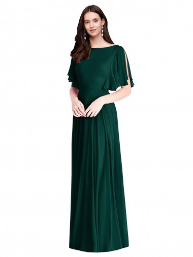 Bell Sleeves Bateau Neck Soft Chiffon Ever Green Long Semi Formal Evening Dress / Bridesmaid Dress Leicester